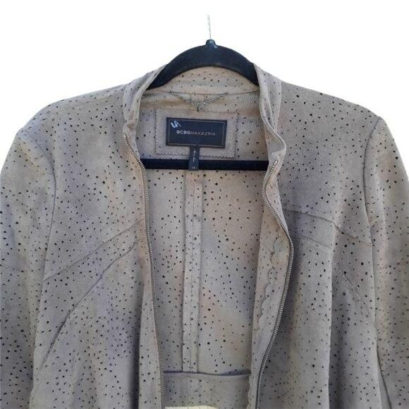 BCBGMaxAzria Faux Suede Perforated Scalloped Hem Asymmetrical Jacket Tan Sz XS - Picture 6 of 13